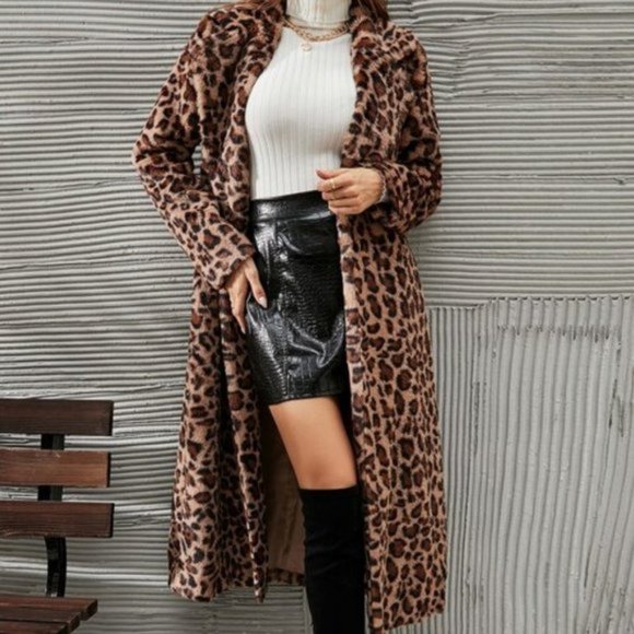 Jackets & Blazers - Leopard Animal Print faux fur long jacket / coat w